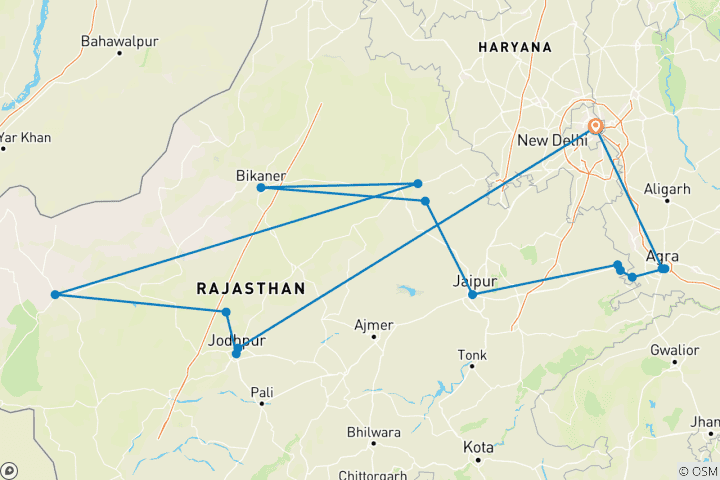 Kaart van Kameeltocht in Rajasthan met Delhi en Agra