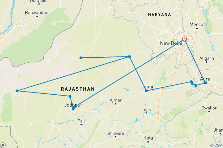 Kaart van Kameeltocht in Rajasthan met Delhi en Agra