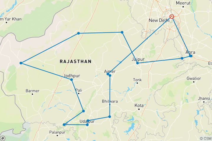 Kaart van Rondreis door Rajasthan met Taj Mahal