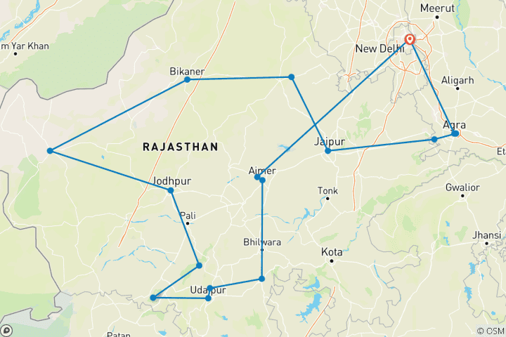 Kaart van Rondreis door Rajasthan met Taj Mahal