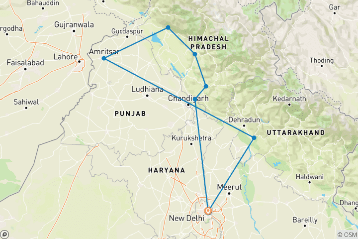 Kaart van Shimla Dharamshala rondreis