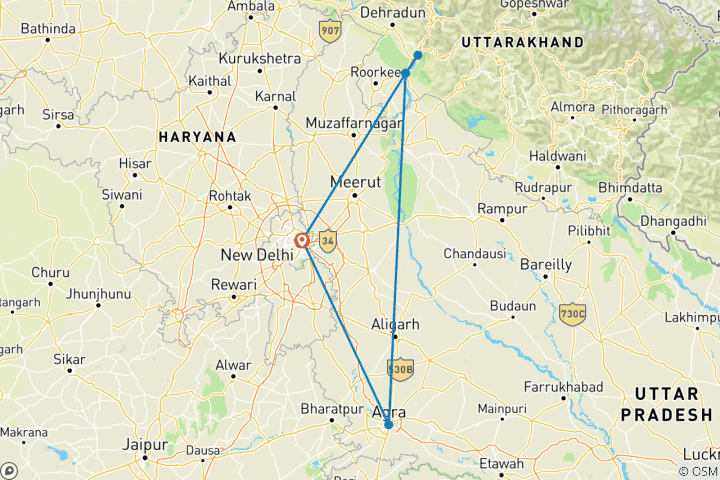 Kaart van Yoga en Meditatie Tour met Taj Mahal