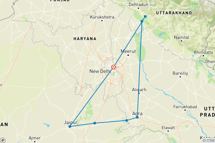 Carte du circuit Yoga, Ganga et Tajmahal - Triangle d'or avec Haridwar et Rishikesh !