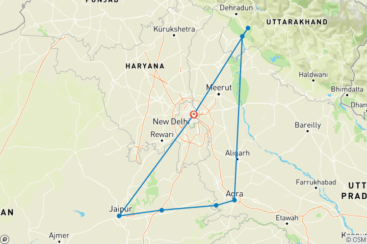 Carte du circuit Yoga, Ganga et Tajmahal - Triangle d'or avec Haridwar et Rishikesh !