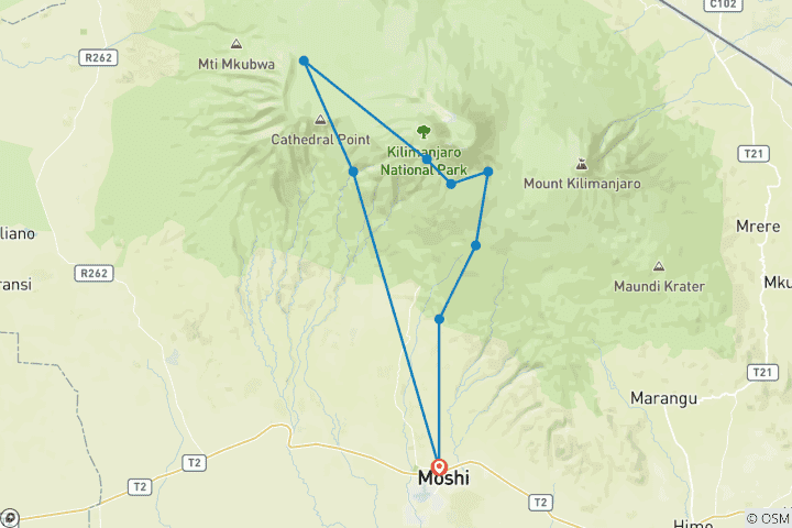 Karte von Kilimandscharo Besteigung über die Machame Route 7 Tage