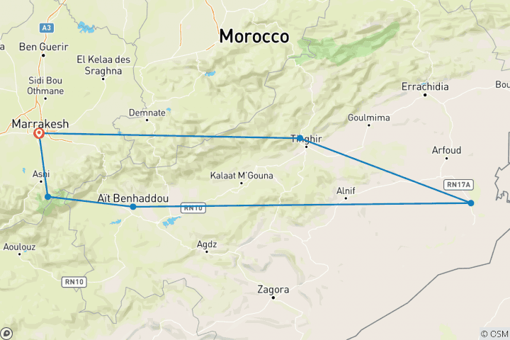 Carte du circuit Aventure dans le désert marocain : Canyons et chameaux