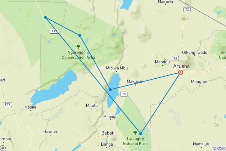 Map of 5-Day Basic Camping Safari Package