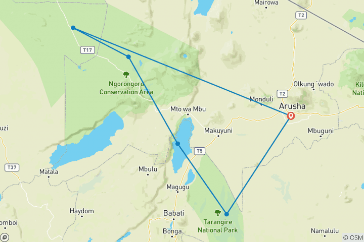 Map of 7-Day Tanzania Photographic Safari Holidays - Mid Range