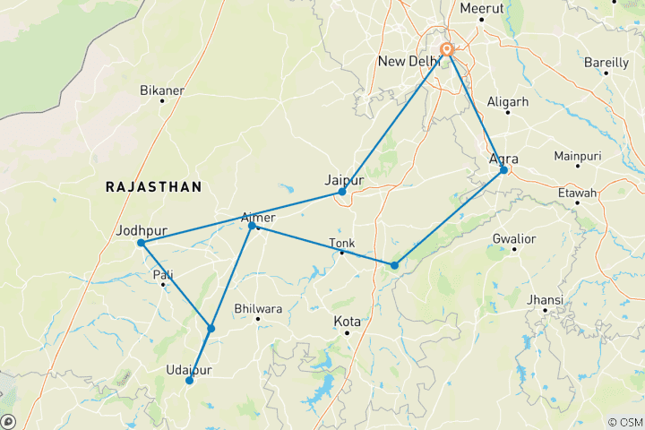 Carte du circuit Taj Mahal et Rajasthan avec séjour royal dans des châteaux