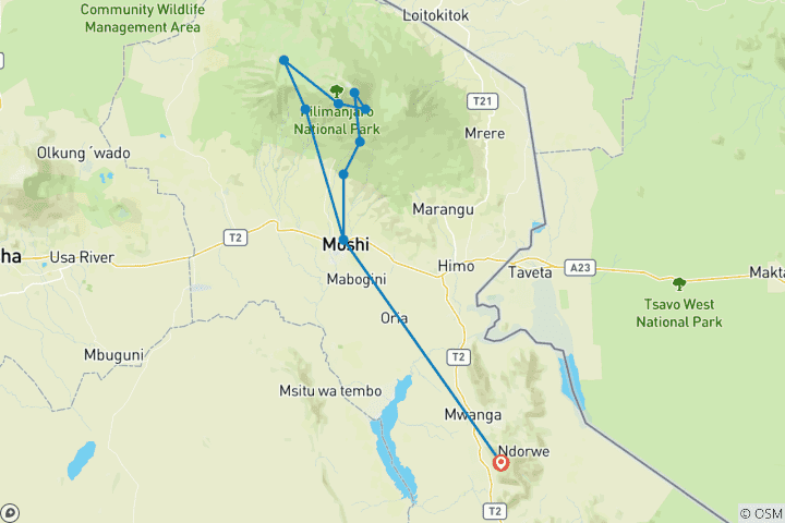 Map of Mount Kilimanjaro Climbing Group Joining Via Machame Route 9 Days Tanzania (all accommodation and transport are included)