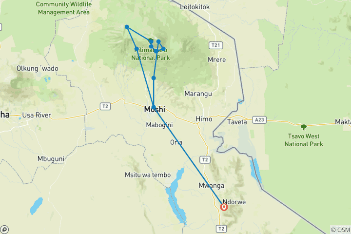 Map of Mount Kilimanjaro Climbing Via Machame Route 9 Days  (all accommodation and transport are included)