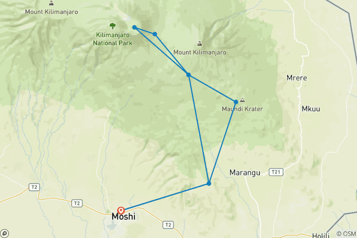 Map of Mount Kilimanjaro  climbing via Marangu Route 8 days Tanzania (all accommodation and transport are included)