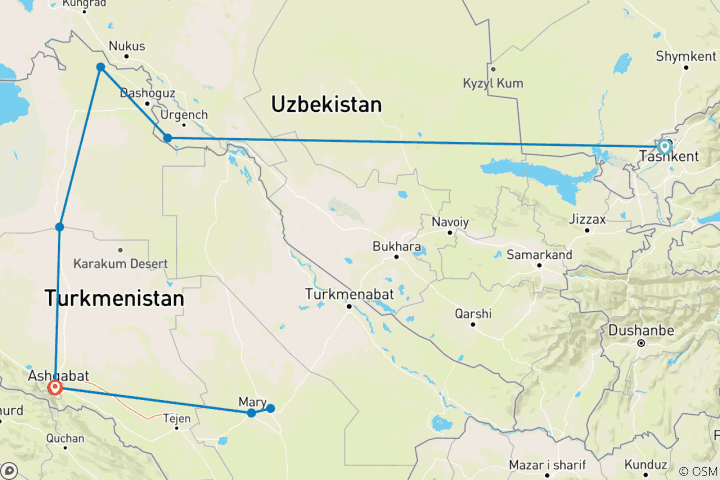 Map of Tashkent to Ashgabat (8 destinations)