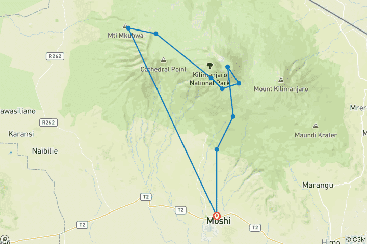 Karte von 8 Tage Kilimandscharo-BesteigungLemosho-Route