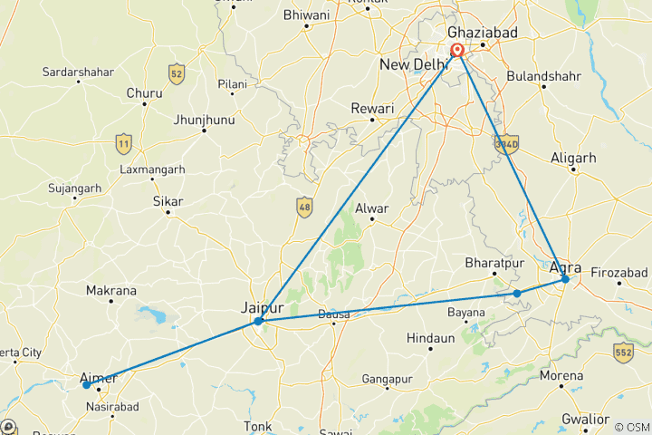 Map of Golden Triangle Tour with Pushkar