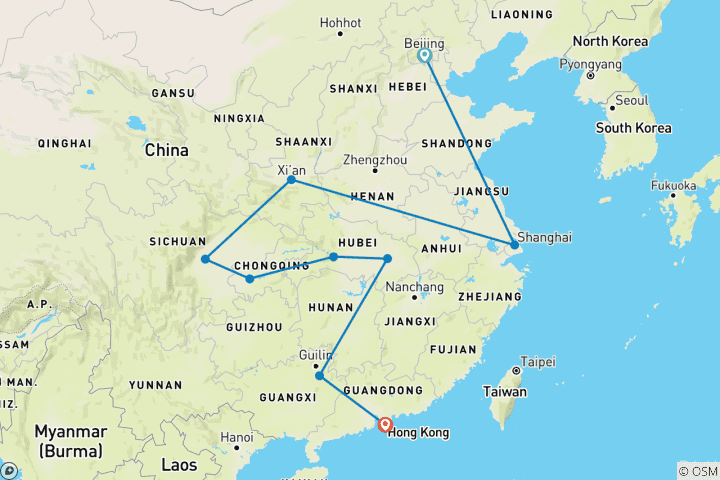 Map of China Encompass 16Days: Beijing, Shanghai, Xian, Chengdu, Three Gorges, Yangshuo, Hong Kong