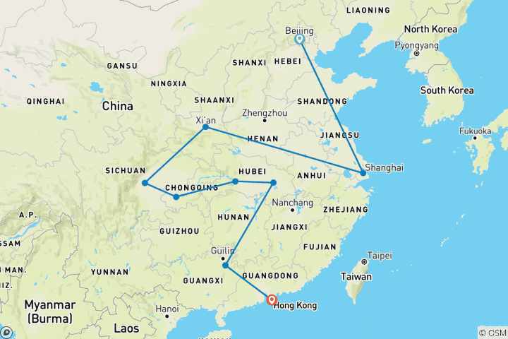 Map of China Encompass 16Days: Beijing, Shanghai, Xian, Chengdu, Three Gorges, Yangshuo, Hong Kong