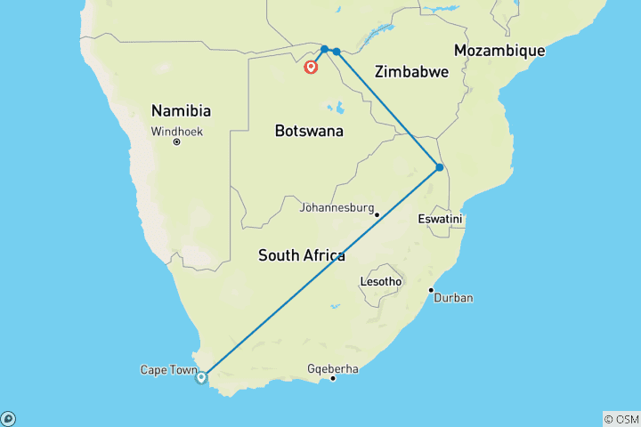 Map of Cape, Safari and Falls (11 Days, Air Price Cape Town To Johannesburg)