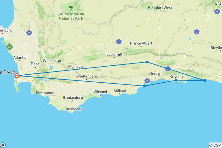 Map of Cape Town. Inverdoorn Safari &  Oudtshorn & Tsitsikamma National Park & Knysna & Mossell Bay