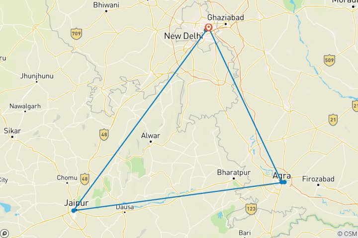 Map of Golden Triangle Delhi Agra Jaipur with Historic Fort Hotel Stay