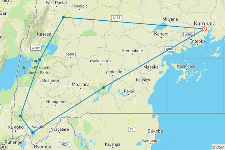 Mapa de Excursión de 7 días a los gorilas, la fauna, el lago Bunyonyi y los chimpancés