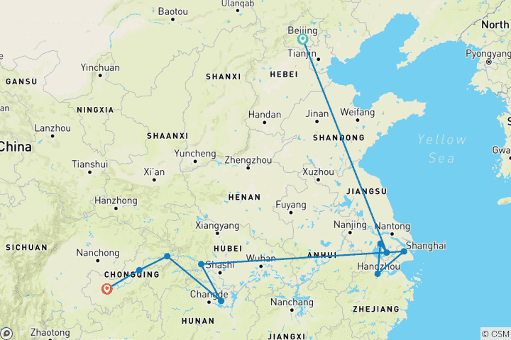 Carte du circuit 14 jours à la gloire de la Chine, croisière sur le fleuve Yangtze et train Bullet