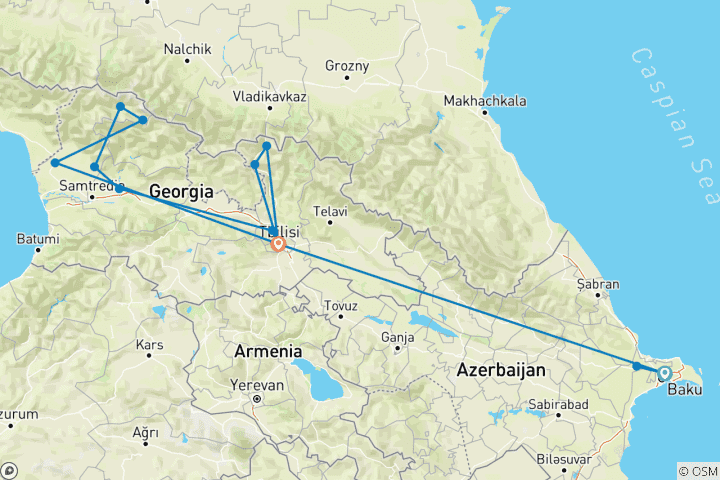 Mapa de Viaje a Azerbaiyán y Georgia - 11 días