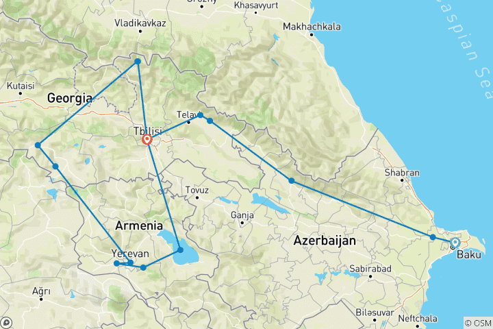 Map of Azerbaijan, Georgia and Armenia Tour (12 days)