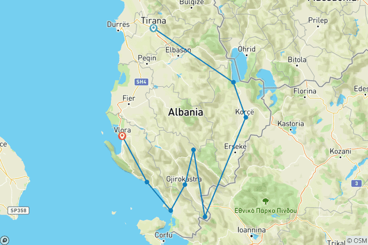 Carte du circuit Cyclotourisme en Albanie - Circuit UNESCO de 10 jours