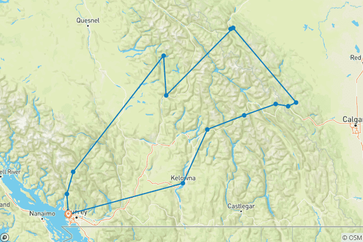 Carte du circuit Les sites emblématiques des Rocheuses de l'Ouest canadien : circuit de 8 jours