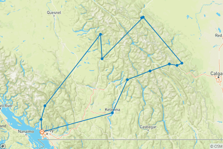 Carte du circuit Les sites emblématiques des Rocheuses de l'Ouest canadien : circuit de 8 jours