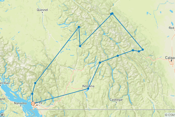 Carte du circuit Les sites emblématiques des Rocheuses de l'Ouest canadien : circuit de 8 jours