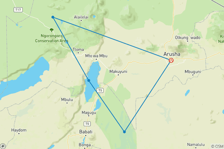 Map of 3  Days 2 Nights Safari Tarangire,Lake Manyara & Ngorongoro Crater