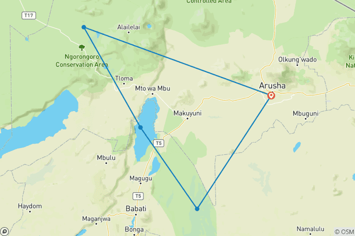 Map of 3  Days 2 Nights Safari Tarangire,Lake Manyara & Ngorongoro Crater