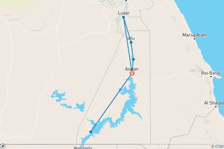 Kaart van Nijl-cruise - vanuit Aswan - met rondleidingen, luchtballonvaart & excursie naar de tempels van Abu Simbel - 8 dagen