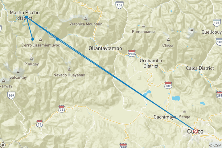 Mapa de Circuito corto Salkantay a Machu Picchu - 4 días