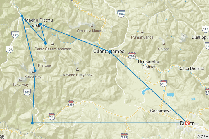 Map of Salkantay Trek to Machu Picchu