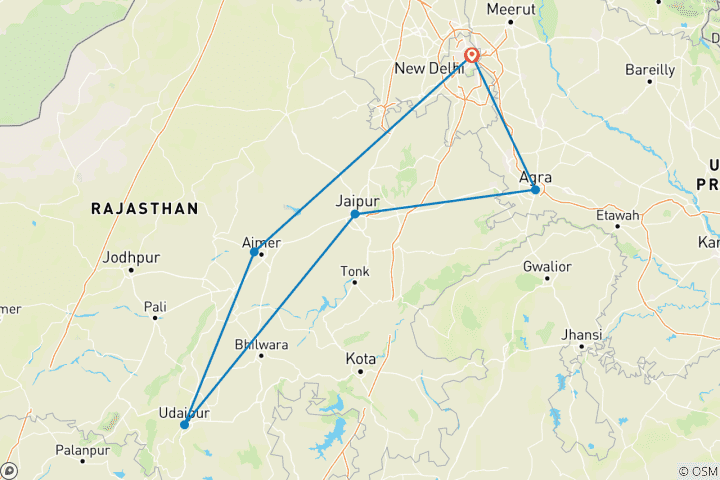 Karte von 8 Tage Private Luxusreise Goldenes Dreieck mit Udaipur & Pushkar