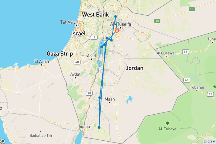 Carte du circuit Amman, Pétra, Wadi Rum, Mer Morte, source d'eau chaude de Ma'in - 10 jours