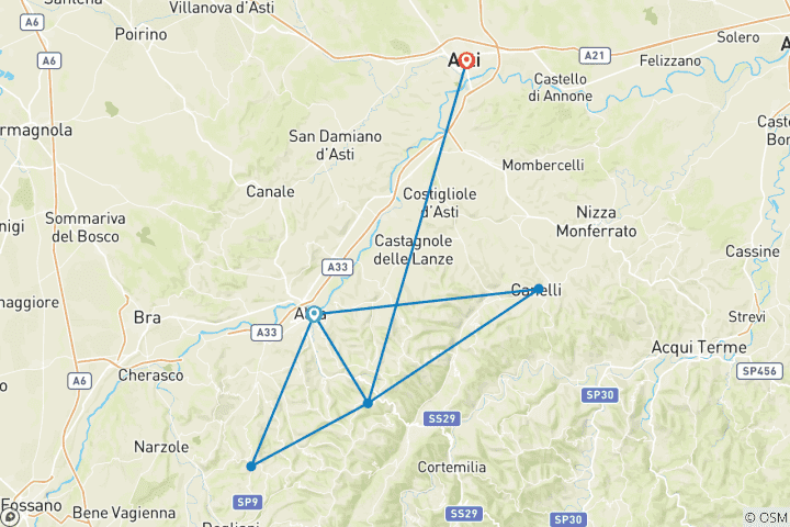 Carte du circuit Vignobles et truffes du Piémont - Circuit à vélo en petit groupe