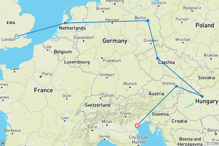 Map of Central Europe Group Rail Tour (18-35)