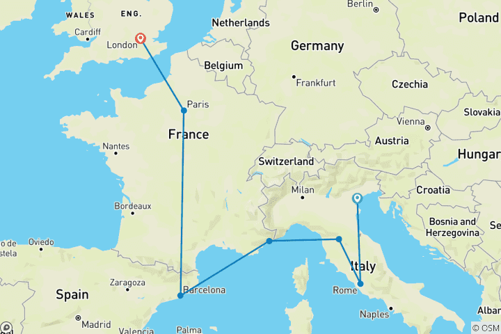 Map of Western Europe Group Rail  Tour (18-35)