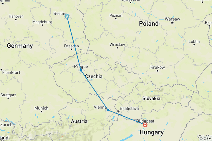 Map of Berlin to Budapest Group Rail Tour (18-35)