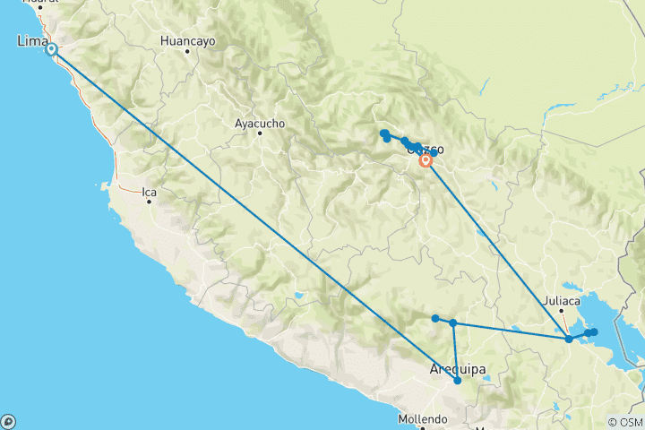 Mapa de Lima y Lo mejor del sur de Perú: lima, Cañón del Colca, lago Titicaca, Cusco, Valle Sagrado y Machu Picchu