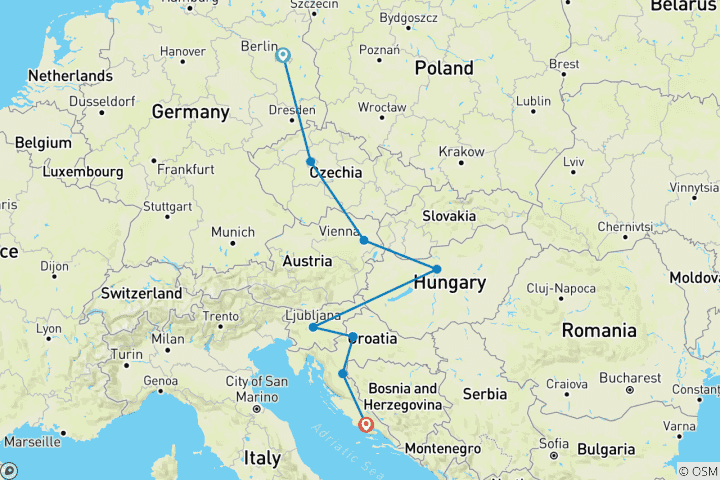 Map of Bohemian Europe Group Rail Tour (18-35)