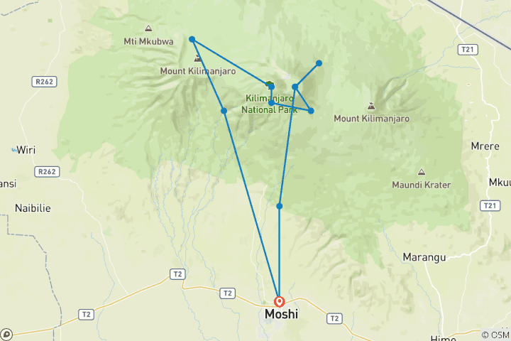 Map of Kilimanjaro Climbing Machame Route 6 day Trek, 8 day tour