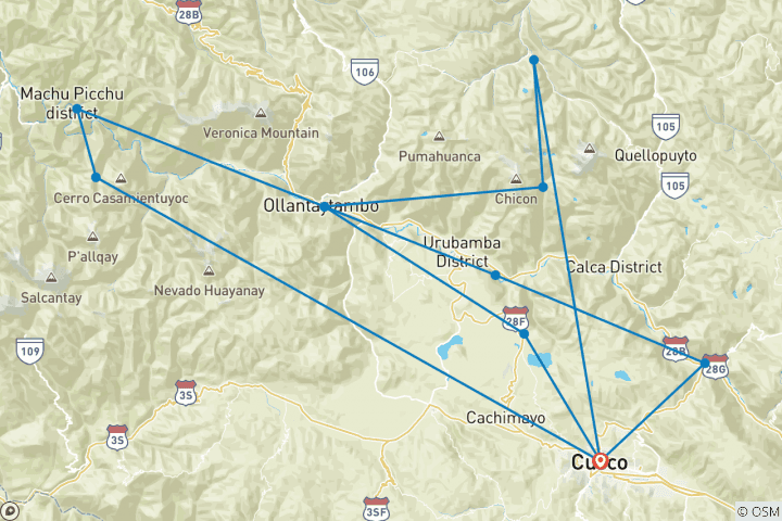 Mapa de Lares excursionismo, Machu Picchu, Cusco y el Valle Sagrado
