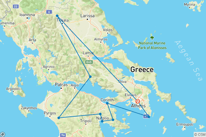 Map of Classical Tour Greece Nafplion, Olympia, Delphi, Meteora