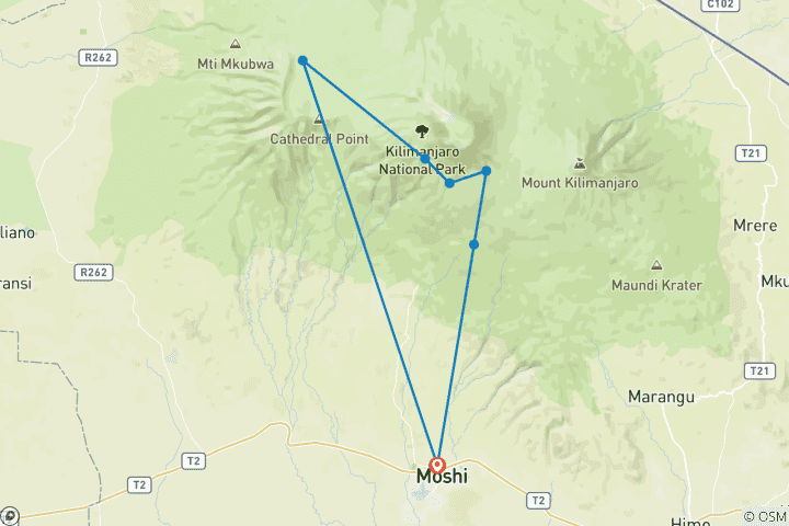 Map of Kilimanjaro Climb-Lemosho Route 7 Days 6 Nights