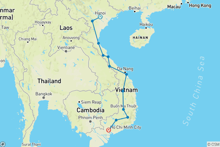 Kaart van Vietnam Motorbike Tocht op Ho Chi Minh Trail via Centrale Hooglanden